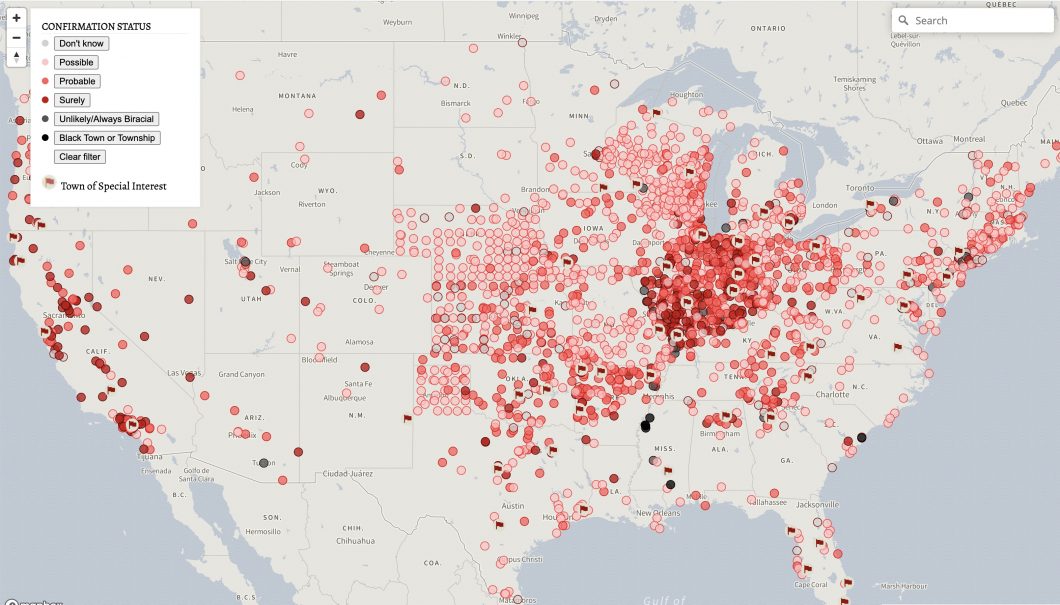 Sundown Towns shown on a map of the US